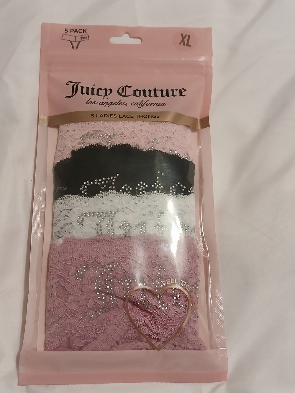 Juicy Couture Lace Thong 5-Pack in Pink, Black & White